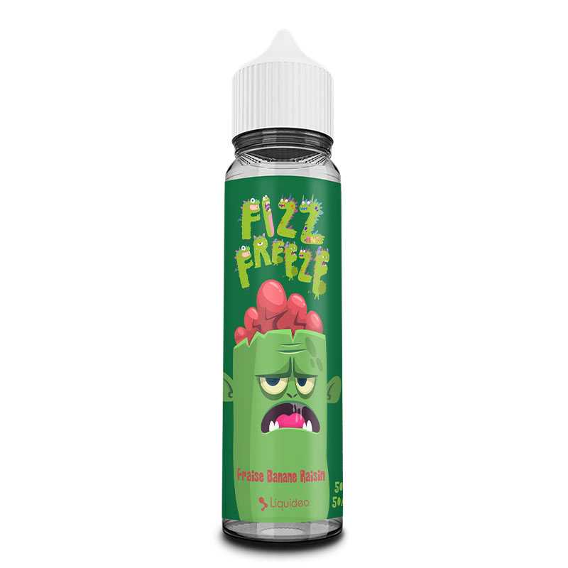 Flacon d'e-liquide Liquideo Fizz & Freeze 50ml avec étiquette verte illustrée d'un personnage zombie et bouchon blanc.