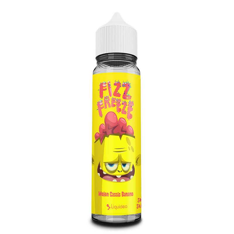 Flacon de 50ml Liquideo Fizz & Freeze avec étiquette jaune illustrée d'un personnage cartoon et bouchon blanc.