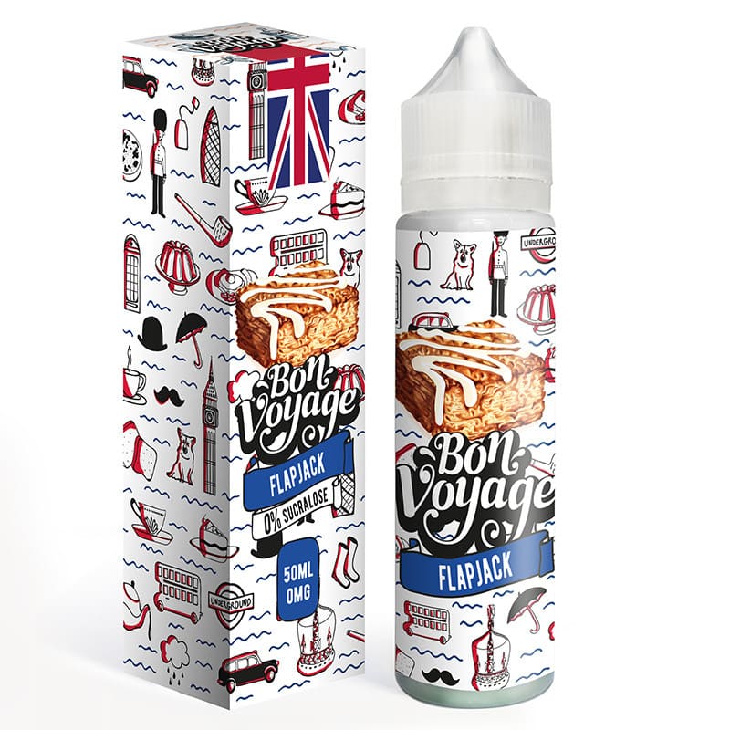 Flacon d'e-liquide 50ml Bon Voyage Flapjack avec boîte assortie, décorés d'illustrations britanniques sur fond blanc.