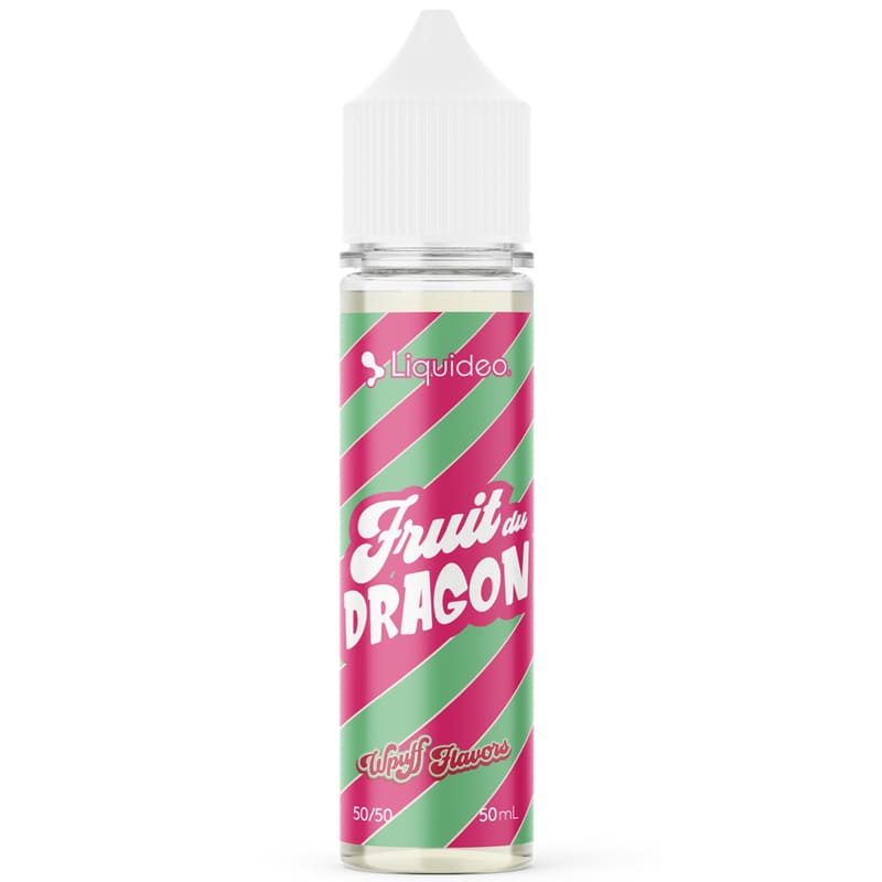 Flacon d'e-liquide Liquideo Wpuff Fruit du Dragon 50ml avec étiquette rayée rose et verte sur fond blanc.