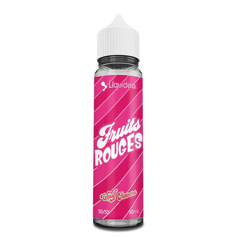 Flacon d'e-liquide Liquideo Wpuff Fruits Rouges 50ml avec étiquette rose rayée et bouchon blanc.