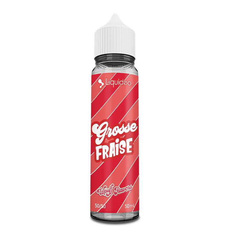Flacon de 50ml Liquideo Wpuff Grosse Fraise avec étiquette rouge à rayures blanches et bouchon blanc.