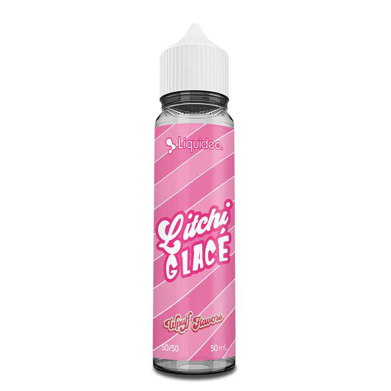 Flacon de 50ml Liquideo Wpuff Litchi Glacé avec étiquette rose rayée et bouchon blanc.