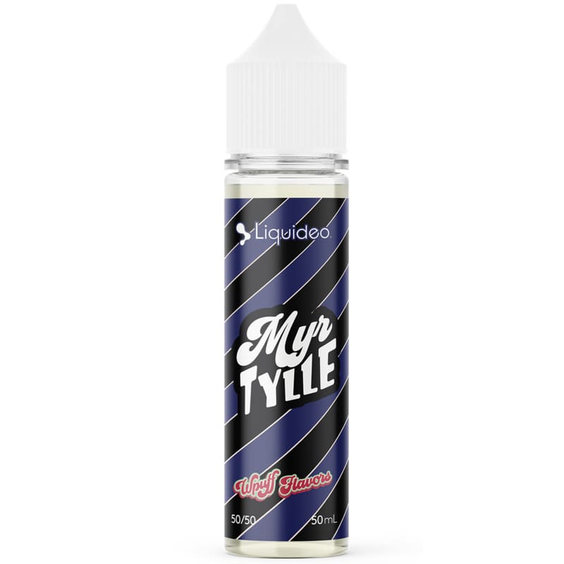 Flacon d'e-liquide Liquideo Myrtille Glacée 50ml avec étiquette bleue et noire à rayures diagonales.