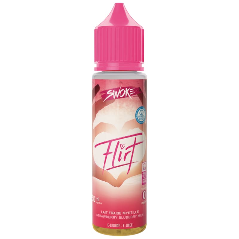 Flacon de 50ml Swoke Flirt avec bouchon rose, étiquette illustrée d'un cœur et saveurs lait fraise myrtille.