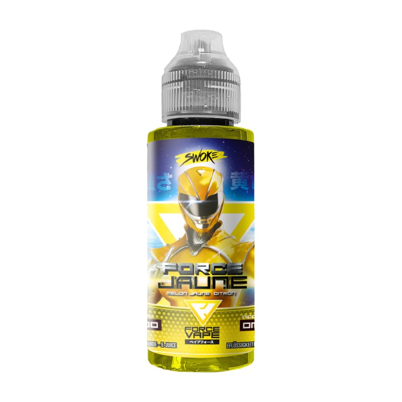 Flacon de 100ml d'e-liquide Force Jaune Swoke au design inspiré des super-héros avec liquide jaune vif.