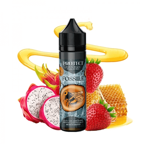 Flacon d'e-liquide Fossile 50ml Protect avec illustration d'abeille, fruit du dragon, fraises et miel en arrière-plan.