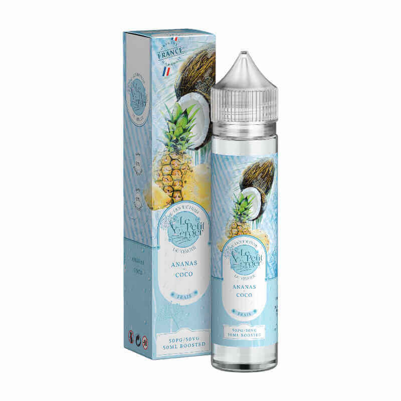 Flacon de 50ml et boîte Le Petit Verger Ananas Coco Frais avec illustrations de fruits tropicaux sur fond bleu clair.