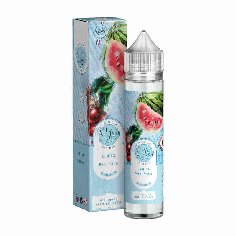 Flacon de 50ml Le Petit Verger Cerise Pastèque Frais avec boîte illustrée de fruits rouges et pastèque sur fond bleu.