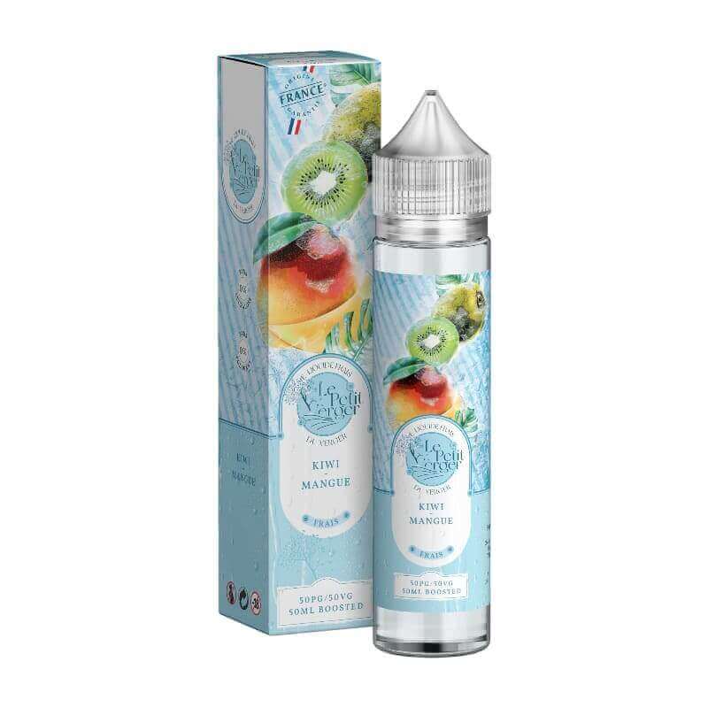 Flacon de 50ml et boîte Le Petit Verger Kiwi Mangue Frais avec illustrations de fruits exotiques sur fond bleu clair.