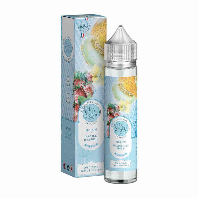 Flacon de 50ml et boîte Le Petit Verger Savourea, illustrés de melon et fraises des bois sur fond bleu clair.