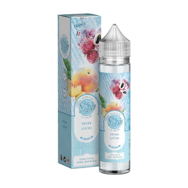 Flacon de 50ml et boîte Le Petit Verger Savourea Pêche Litchi Frais avec illustrations de fruits sur fond bleu clair.