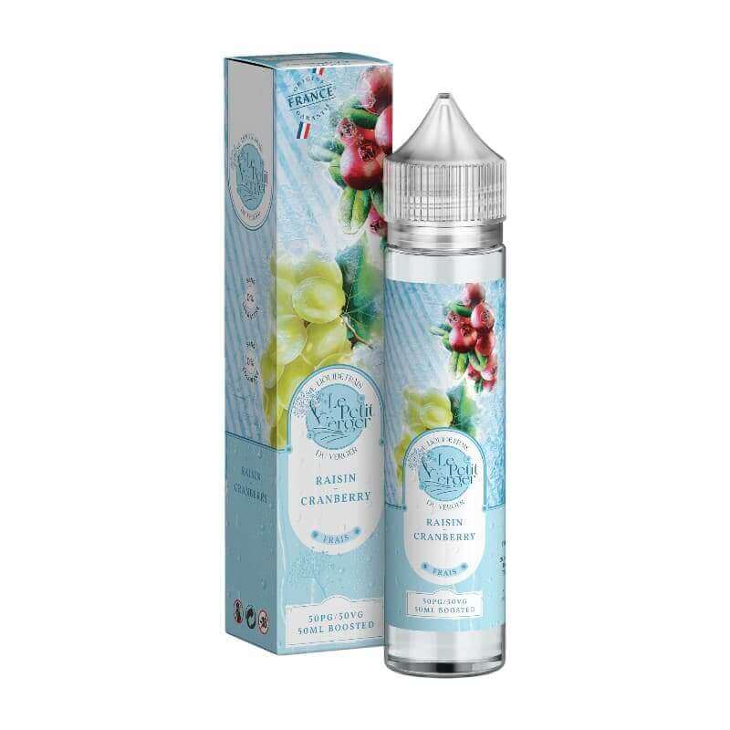 Flacon de 50ml d'e-liquide Le Petit Verger Raisin Cranberry avec son étui cartonné illustré de raisins et canneberges.