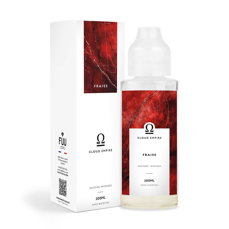Flacon de 100ml d'e-liquide Fraise Cloud Empire par FUU avec étiquette rouge effet marbre et boîte blanche assortie.