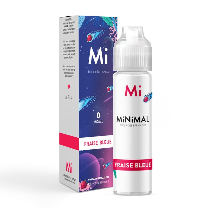 Flacon de 50ml et boîte MiNiMAL Fraise Bleue The Fuu au design spatial bleu et violet avec illustrations de fruits.