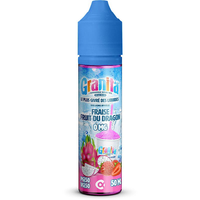 Flacon d'e-liquide Granita 50ml Fraise et Fruit du dragon avec bouchon bleu et étiquette illustrée de fruits frais.