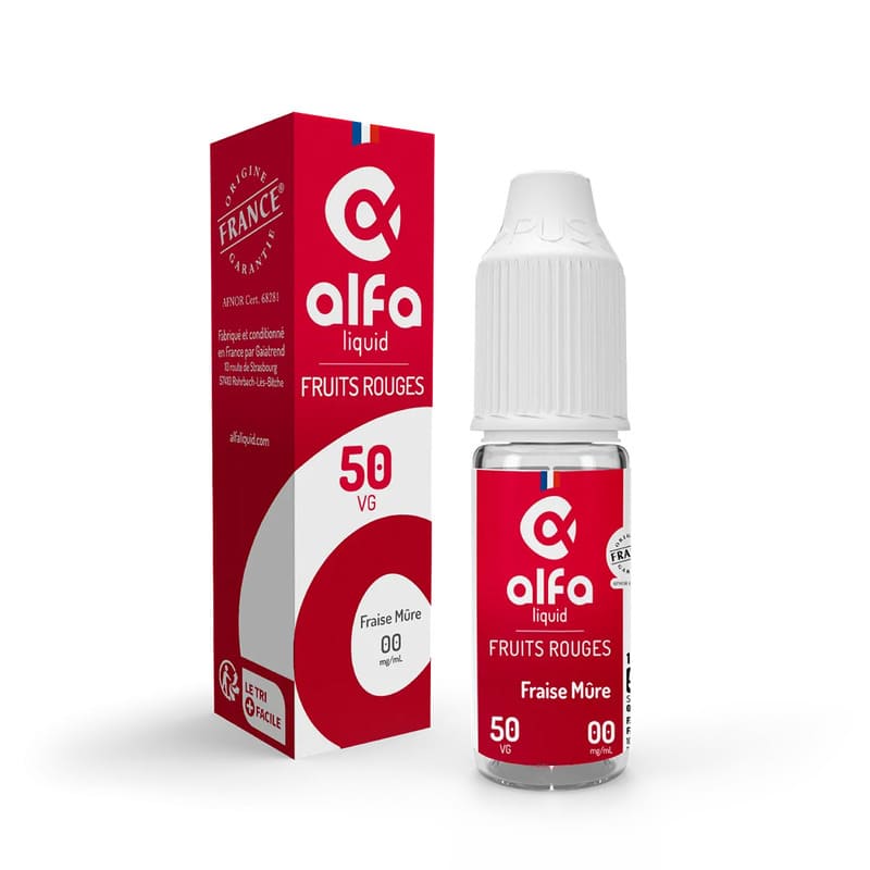 Flacon de 10ml et boîte rouge Alfaliquid Fraise Mûre avec bouchon blanc et logo de la marque.
