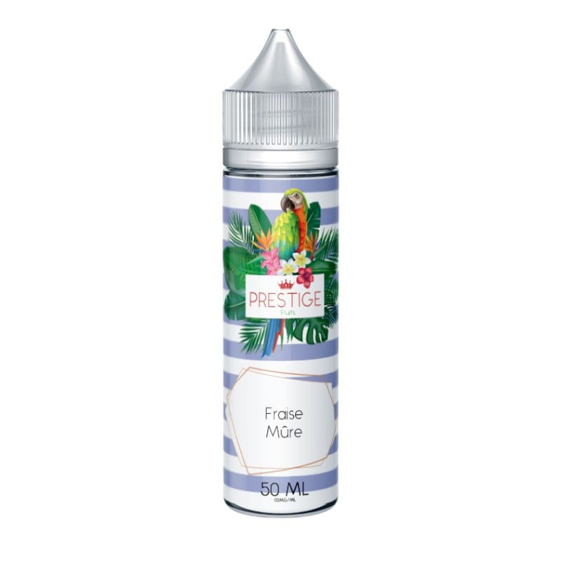 Flacon d'e-liquide Prestige Fruits Fraise Mûre 50ml avec étiquette à rayures bleues, perroquet et motifs tropicaux.