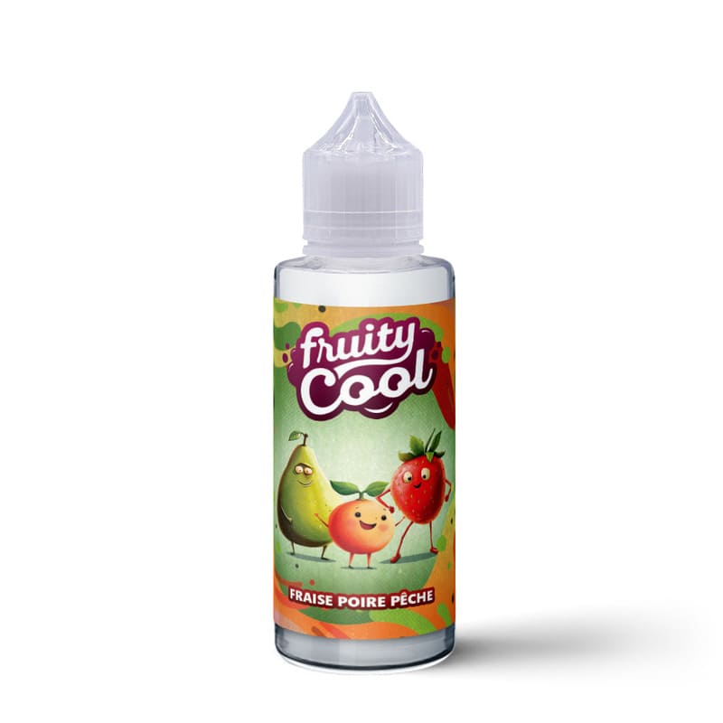 Flacon d'e-liquide Fruity Cool 100ml avec étiquette illustrée de fruits colorés sur fond vert et orange.
