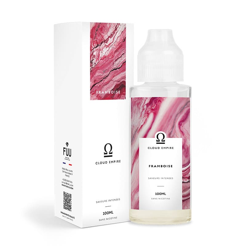 Flacon de 100ml et boîte d'e-liquide Framboise Cloud Empire FUU avec design marbré rose et blanc sur fond blanc.