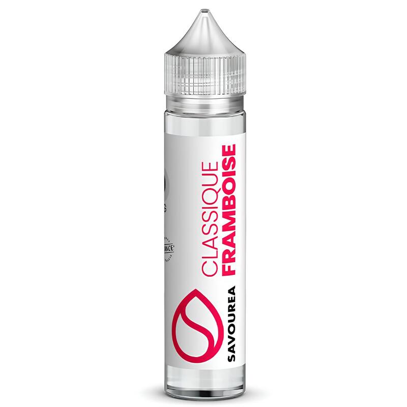 Flacon de 50ml d'e-liquide Savourea Classique Framboise avec étiquette blanche et texte rose sur fond blanc.