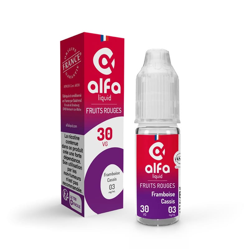 Flacon d'e-liquide Alfaliquid Framboise Cassis 10ml avec sa boîte rouge et violette aux couleurs des fruits rouges.