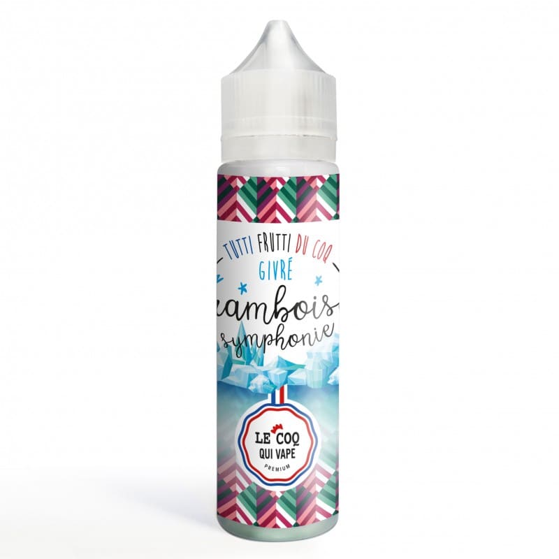 Flacon de 50ml Framboise Symphonie Givré Le Coq Qui Vape avec étiquette colorée, motifs géométriques et visuel d'icebergs.