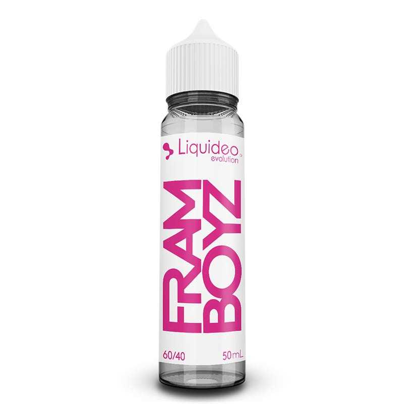 Flacon d'e-liquide Liquideo Framboyz 50ml avec étiquette blanche et texte rose, bouchon blanc sur fond blanc.