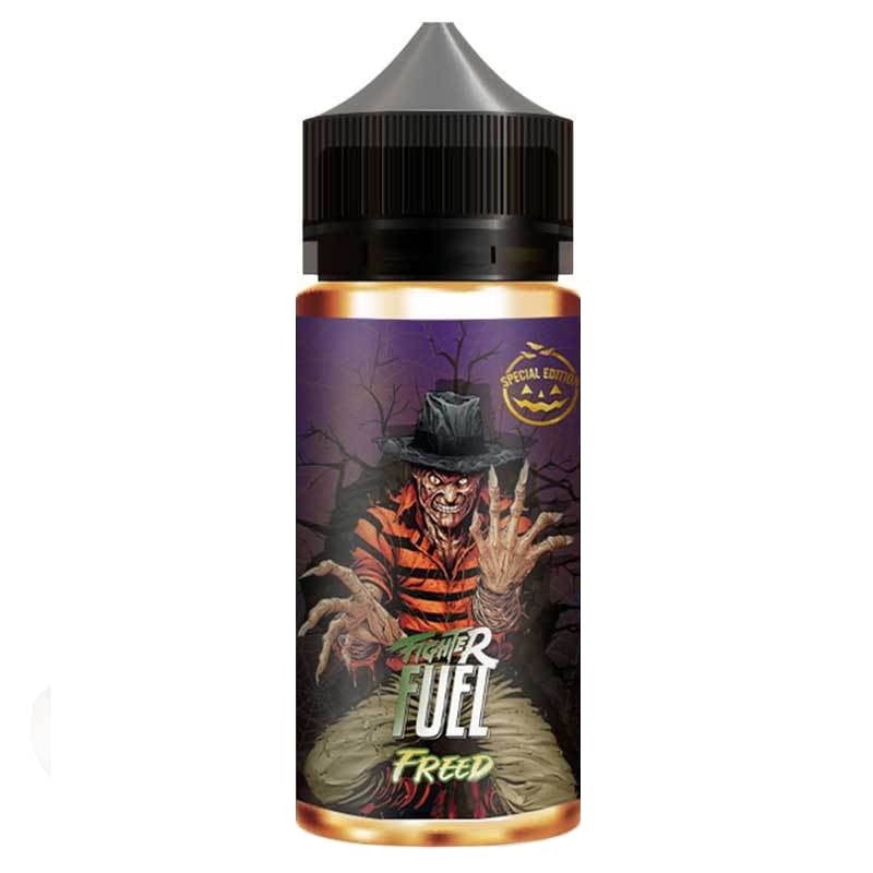 Flacon d'e-liquide Fighter Fuel Freed avec étiquette violette illustrée d'un personnage effrayant et bouchon noir.