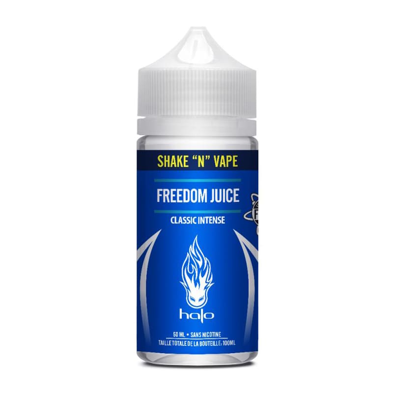 Flacon de 50 ml d'e-liquide Freedom Juice Halo avec étiquette bleue, logo flamme blanc et bouchon transparent.