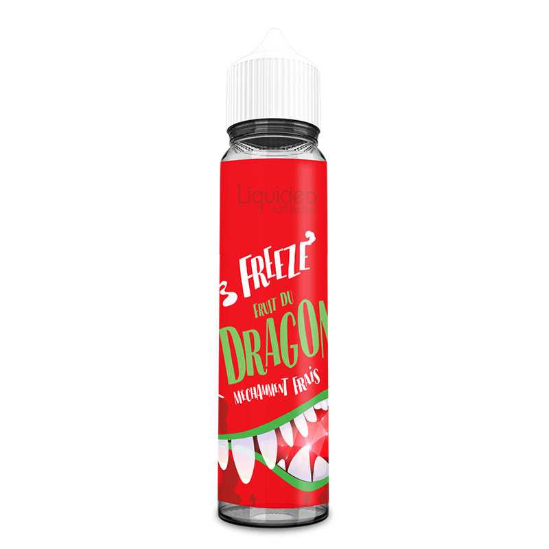 Flacon de 50ml Liquideo Freeze Dragon avec étiquette rouge, illustration de dents de dragon et bouchon blanc.