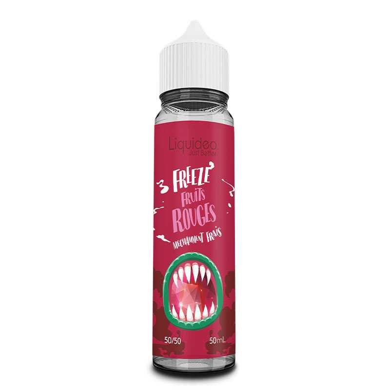 Flacon d'e-liquide Liquideo Freeze Fruits Rouges 50ml avec étiquette rouge et illustration de bouche monstrueuse.