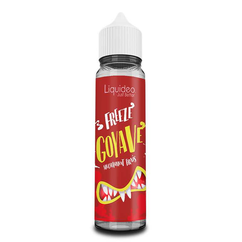 Flacon d'e-liquide Liquideo Freeze Goyave 50ml avec étiquette rouge, logo blanc et illustration de bouche monstrueuse.