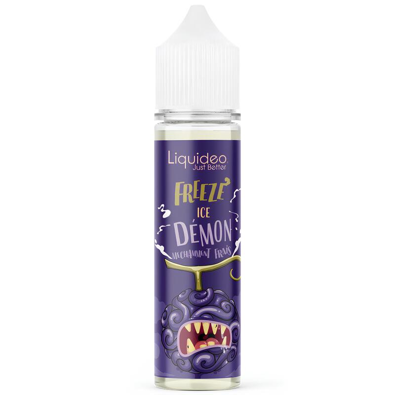 Flacon de 50ml Liquideo Freeze Ice Demon avec étiquette violette illustrée d'un fruit monstrueux aux dents acérées.