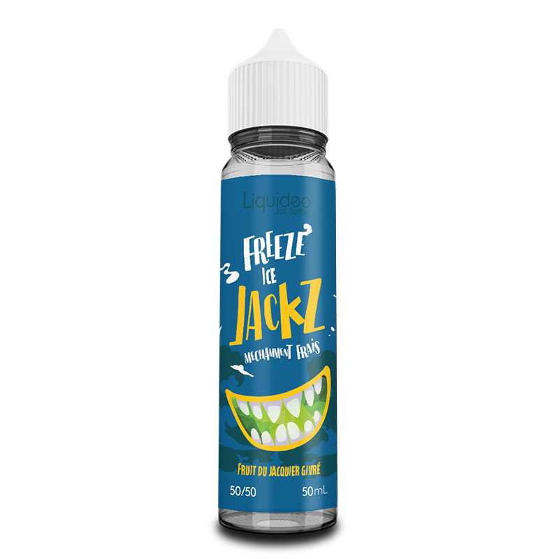 Flacon d'e-liquide Liquideo Freeze Ice Jackz 50ml avec étiquette bleue, illustration de dents et bouchon blanc.