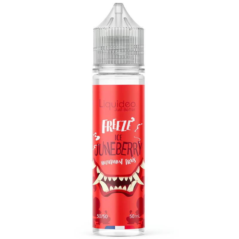 Flacon d'e-liquide Liquideo Freeze Ice Juneberry 50ml avec étiquette rouge illustrée d'un monstre aux dents acérées.