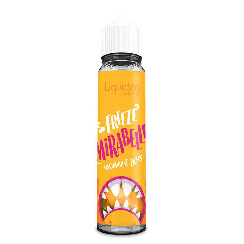 Flacon d'e-liquide Liquideo Freeze Mirabelle 50ml avec étiquette jaune, logo rose et illustration de dents de monstre.