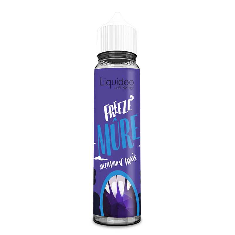 Flacon de 50ml Liquideo Freeze Mûre avec étiquette violette, design de mûre aux dents pointues et bouchon blanc.