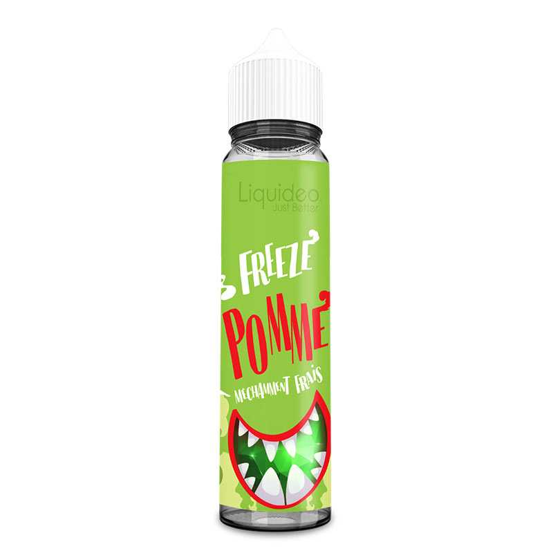Flacon d'e-liquide Liquideo Freeze Pomme 50ml avec étiquette verte, illustration de bouche monstrueuse et bouchon blanc.
