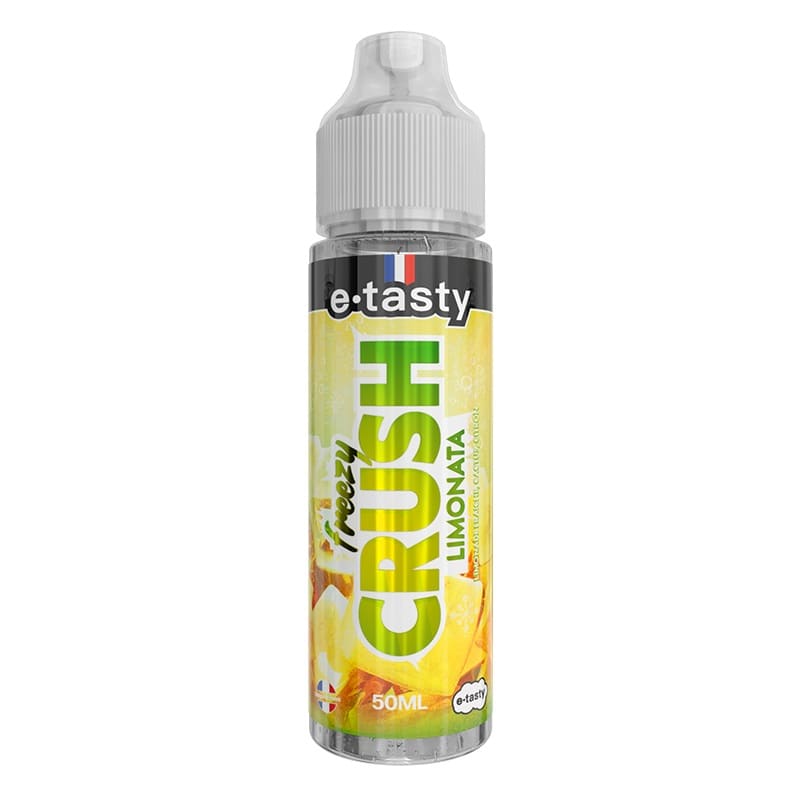 Flacon d'e-liquide E.Tasty Freezy Crush Limonata 50ml avec étiquette jaune vive illustrée de citrons et de cactus.