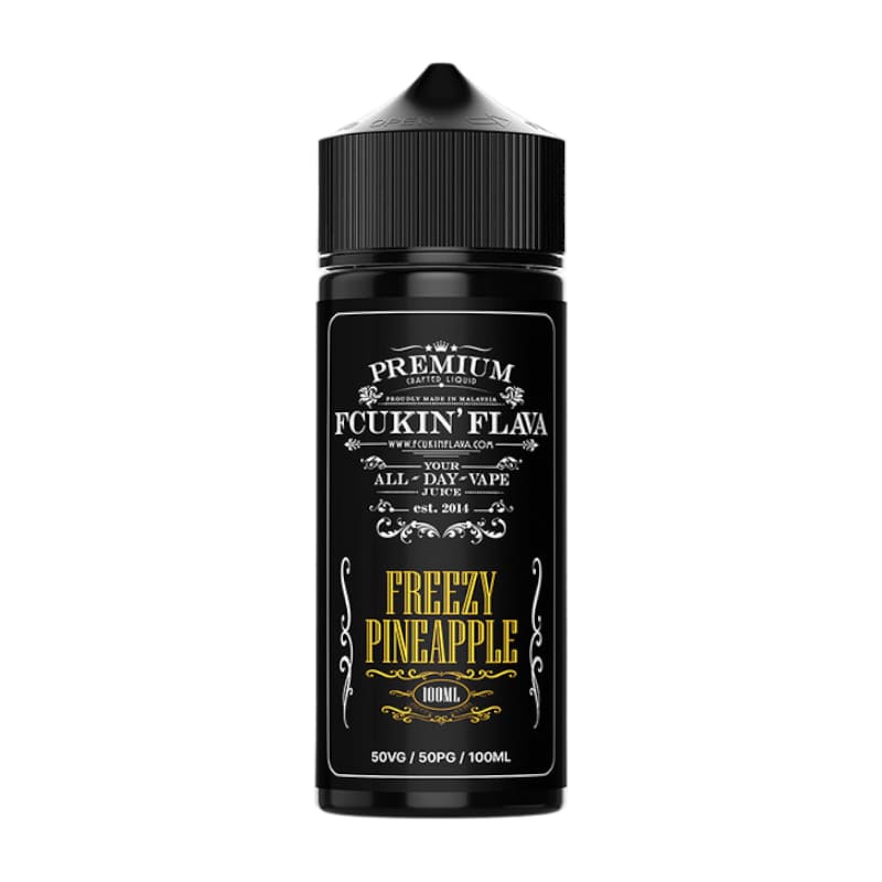 Flacon de 100ml d'e-liquide Fcukin Flava Freezy Pineapple avec étiquette noire élégante et typographie dorée.