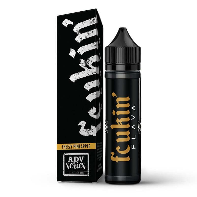 Flacon de 50ml d'e-liquide Freezy Pineapple Fcukin Flava avec sa boîte noire et dorée au design moderne.
