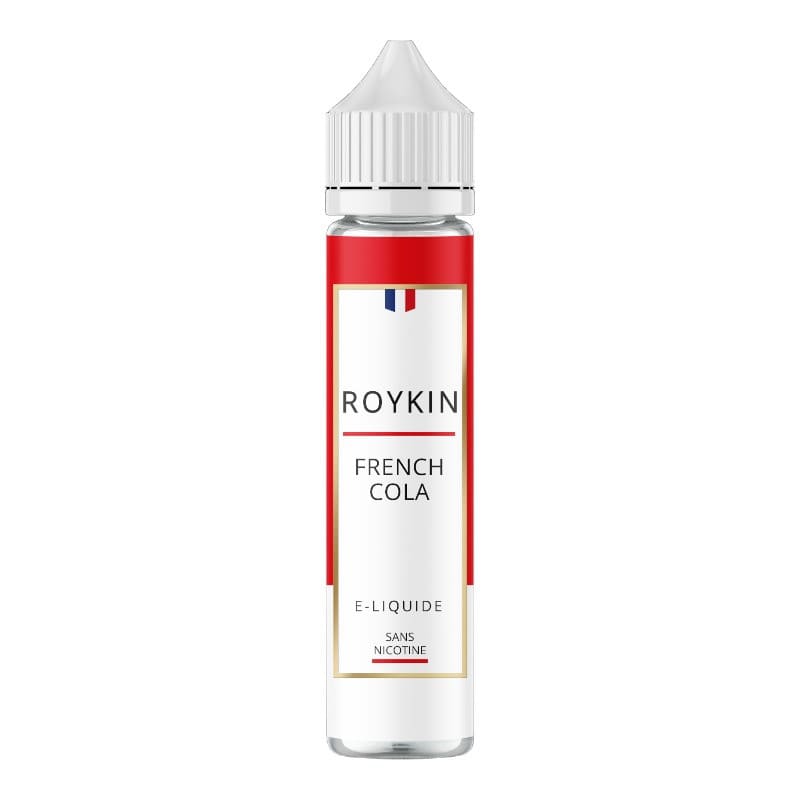 Flacon d'e-liquide Roykin French Cola 50ml avec étiquette rouge et blanche, bouchon blanc et design épuré.