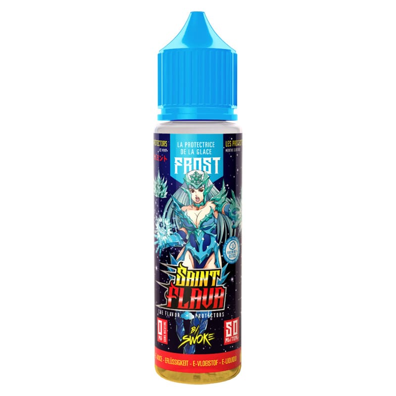 Flacon d'e-liquide Frost Saint Flava 50ml avec bouchon bleu, étiquette illustrée style manga et design givré.