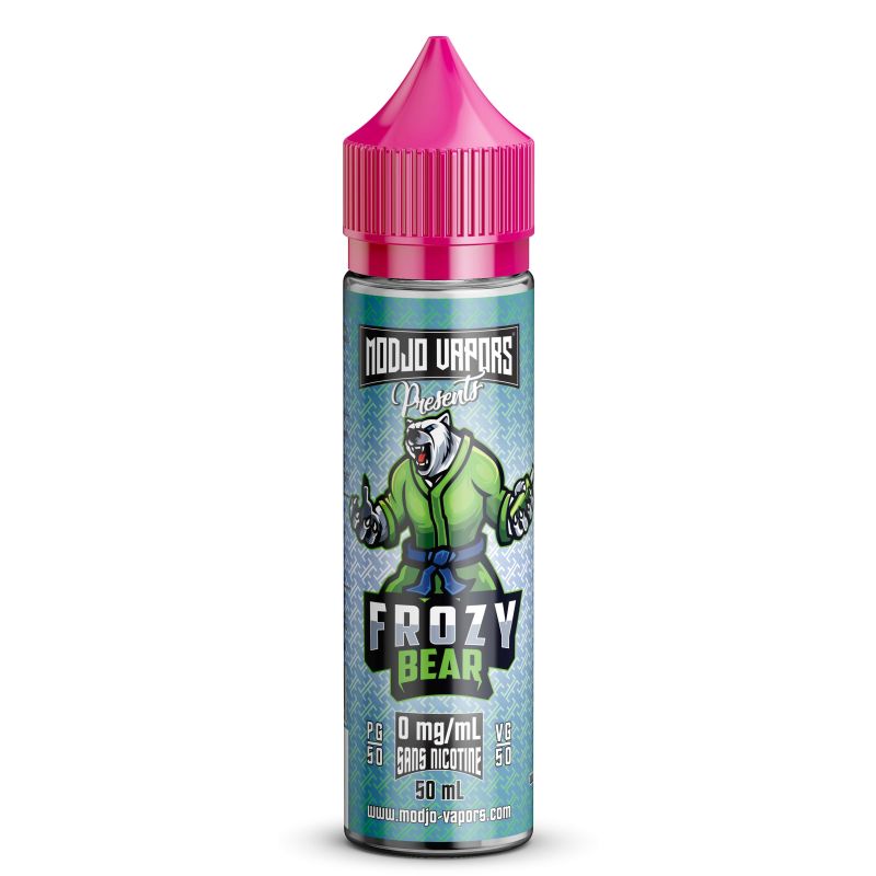 Flacon d'e-liquide Frozy Bear 50ml Modjo Vapors avec bouchon rose, étiquette bleue illustrée d'un ours en kimono vert.