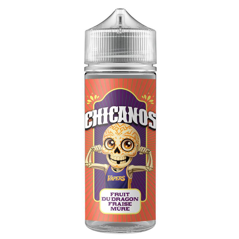 Flacon d'e-liquide Chicanos Fruit du Dragon Fraise Mûre avec étiquette illustrée d'un squelette coloré sur fond rouge.