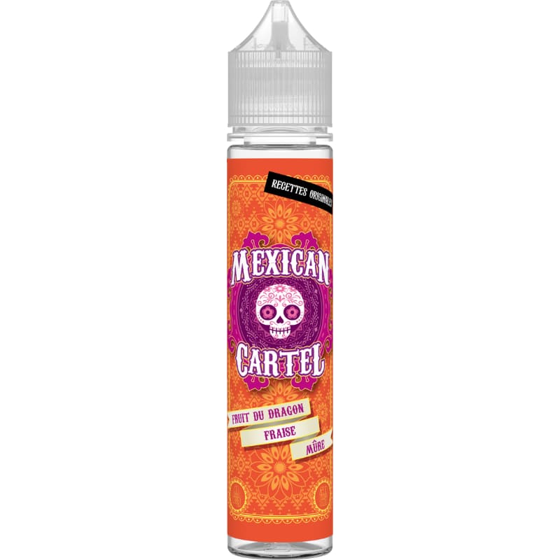 Flacon d'e-liquide Mexican Cartel orange et violet avec un crâne décoratif, saveurs fruit du dragon, fraise et mûre.
