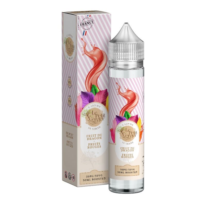 Flacon de 50ml et boîte Le Petit Verger Fruit du Dragon et Fruits Rouges avec étiquette rose et illustrations fruitées.