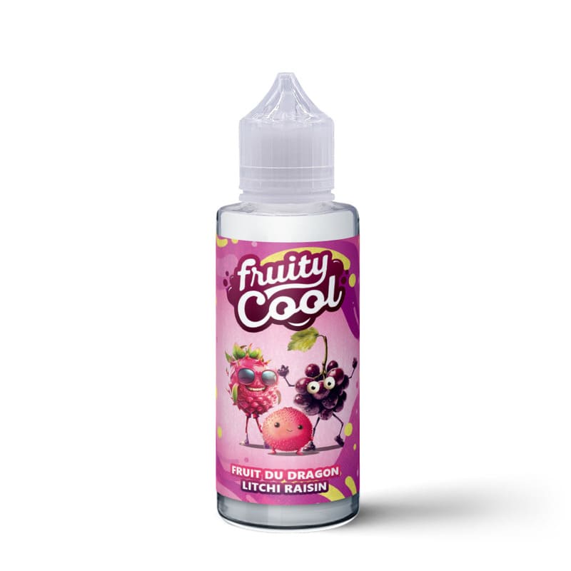 Flacon d'e-liquide Fruity Cool 100ml avec étiquette rose illustrée de personnages fruits (dragon, litchi, raisin) sur fond blanc.