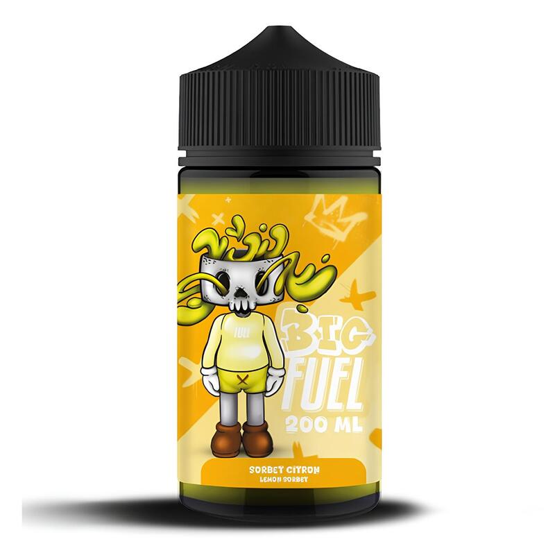Flacon d'e-liquide Big Fuel Sorbet Citron 200ml avec étiquette jaune illustrée d'un personnage style graffiti.